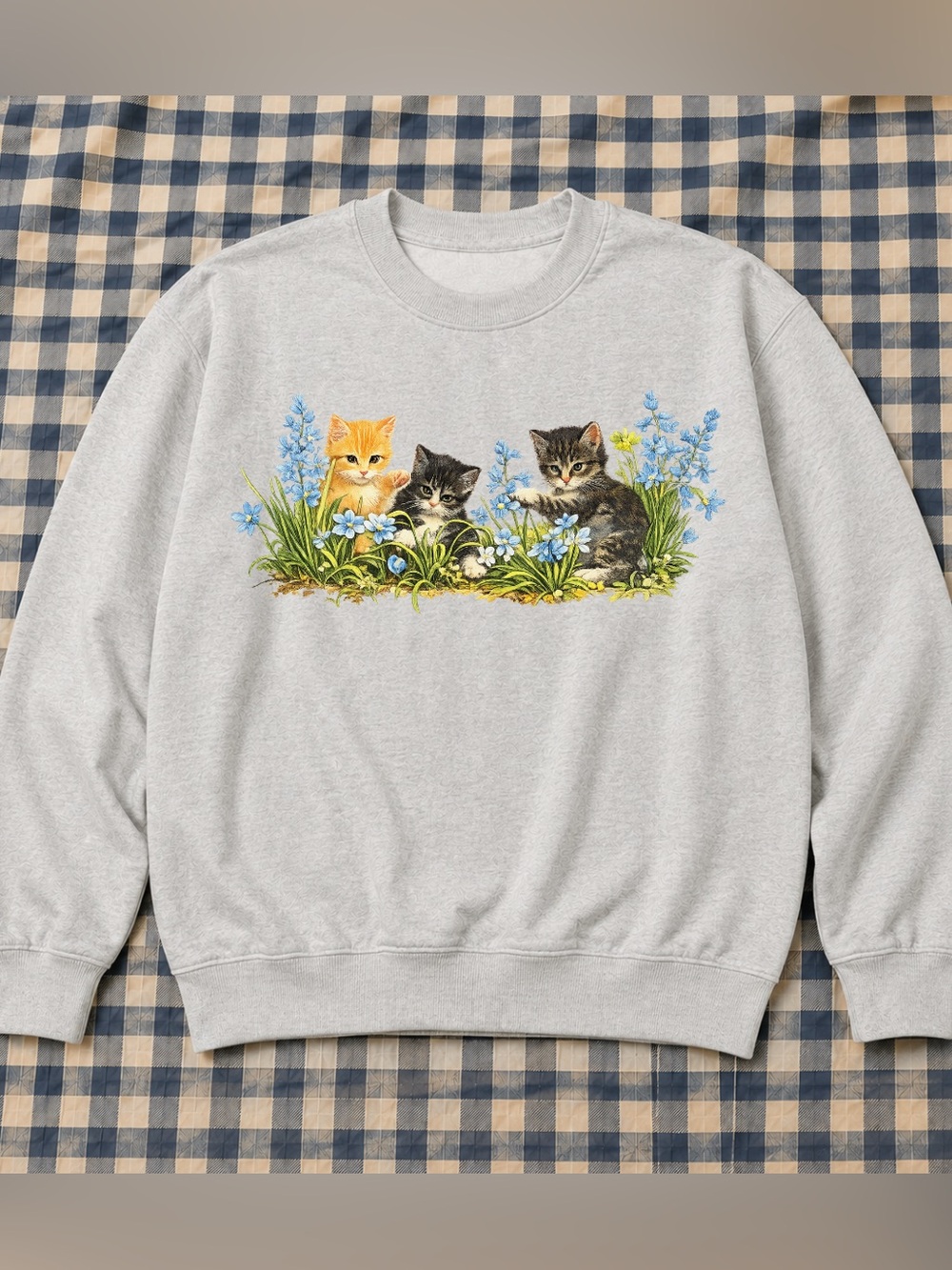 Classic Cute Cat Trio Sweatshirt - Light Gray with Kittens